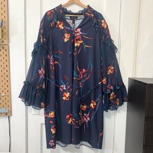 NWT C. Wonder Christian Siriano Womens Blue Floral Ruffled Long Sleeve Dress, 3X